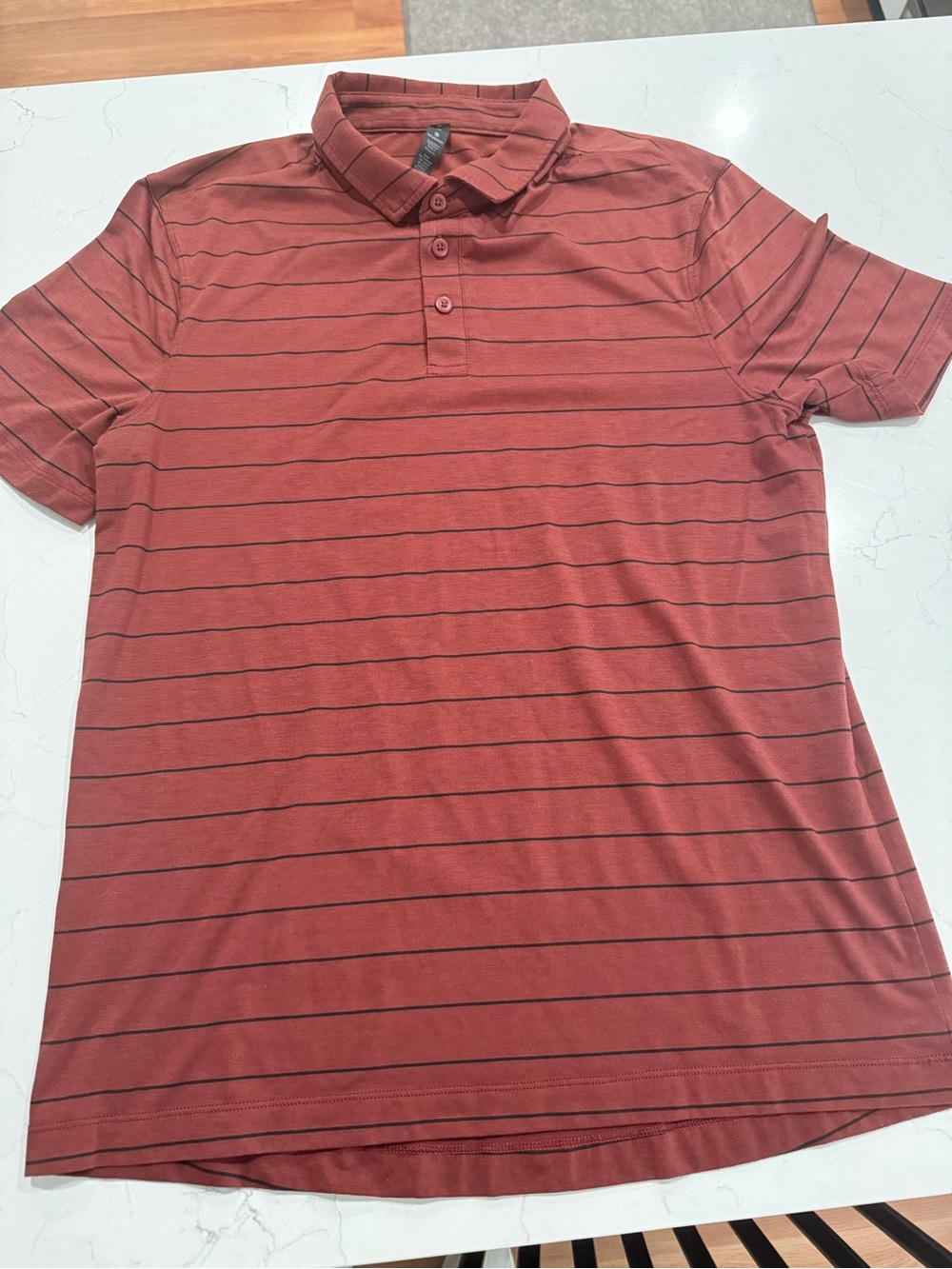Lululemon Men's Striped Black and Burgundy Short Sleeve Polo Size Medium